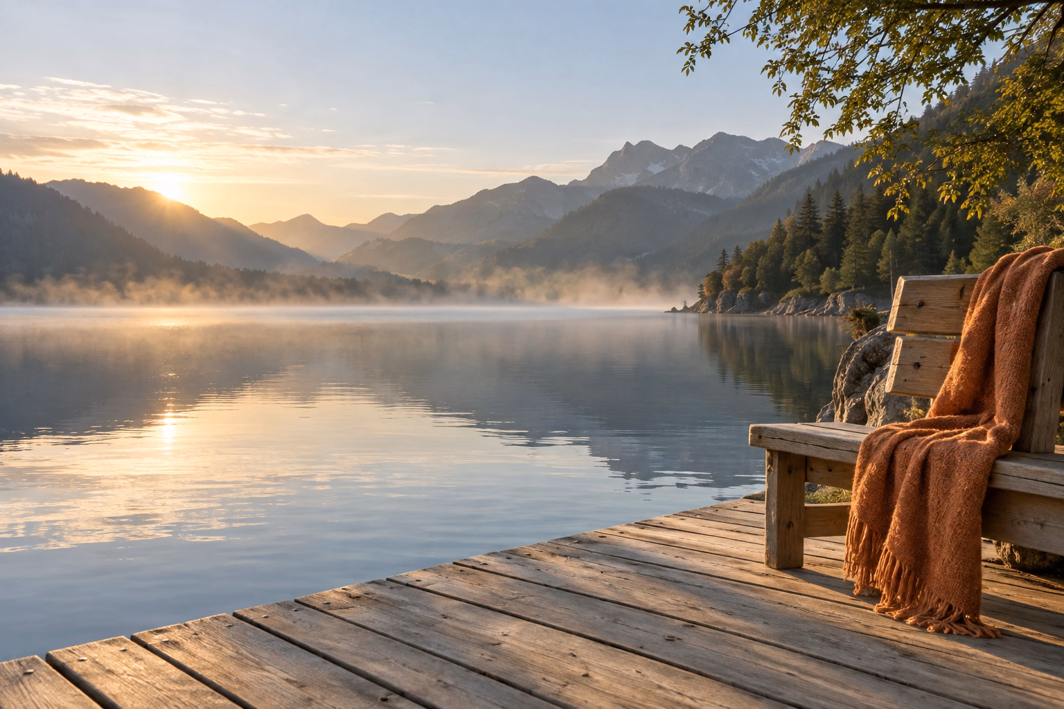A terrace overlooking a mountain lake at dawn, with an orange blanket draped over a bench